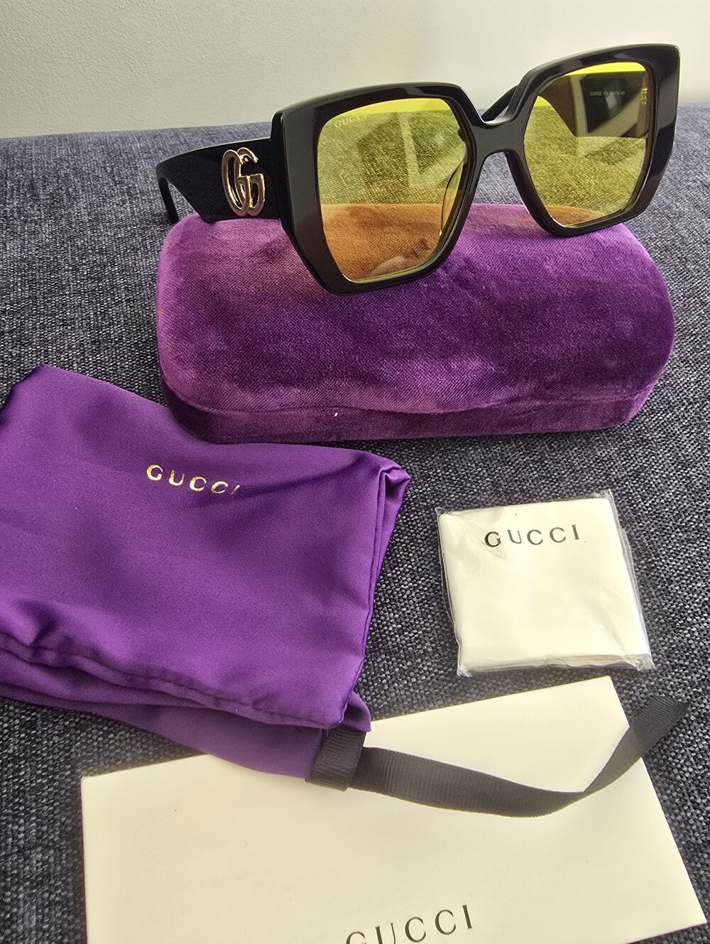 Gucci OversizeGg0956s Black Frame Sunglasses with Yellow Lenses and Gold GG Logo
